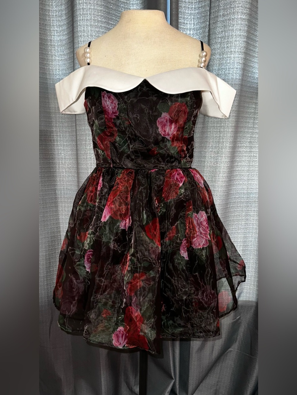 Sugar Thrillz Dolls Kill Black Floral Organza Pearl Collar Dress L NWT